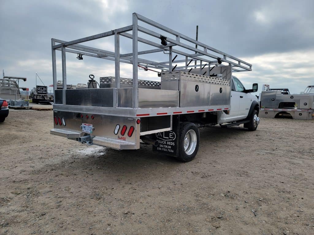 Aluminum concrete body with tool storage upfitted by truck bed installers Ohio for a Cleveland, Ohio work truck.