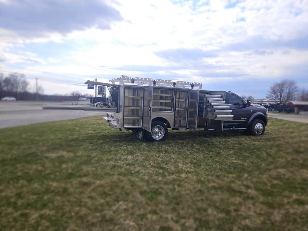 Detailed view of pull-out storage drawers on Martin Truck Bodies HSB service body, upfitted by truck bed installers Ohio.
