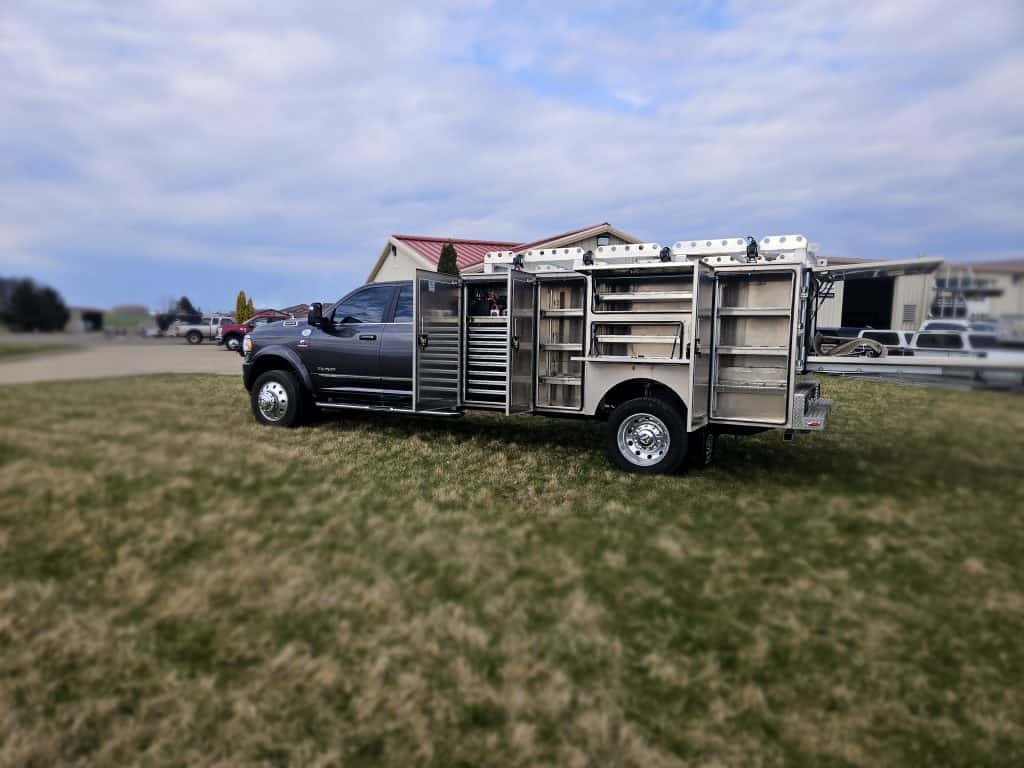 Custom aluminum HSB service body from Martin Truck Bodies installed on a RAM truck by truck bed installers Ohio