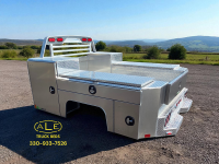 Martin Truck Bodies 98" x 100" GNSB Model aluminum service body with headboard and built-in lights, diamond plate tops, smooth sides, integrated toolboxes, and rear step bumper with LED tail lights – installed by ALE Truck Beds, Dalton, Ohio – call 330-933-7526