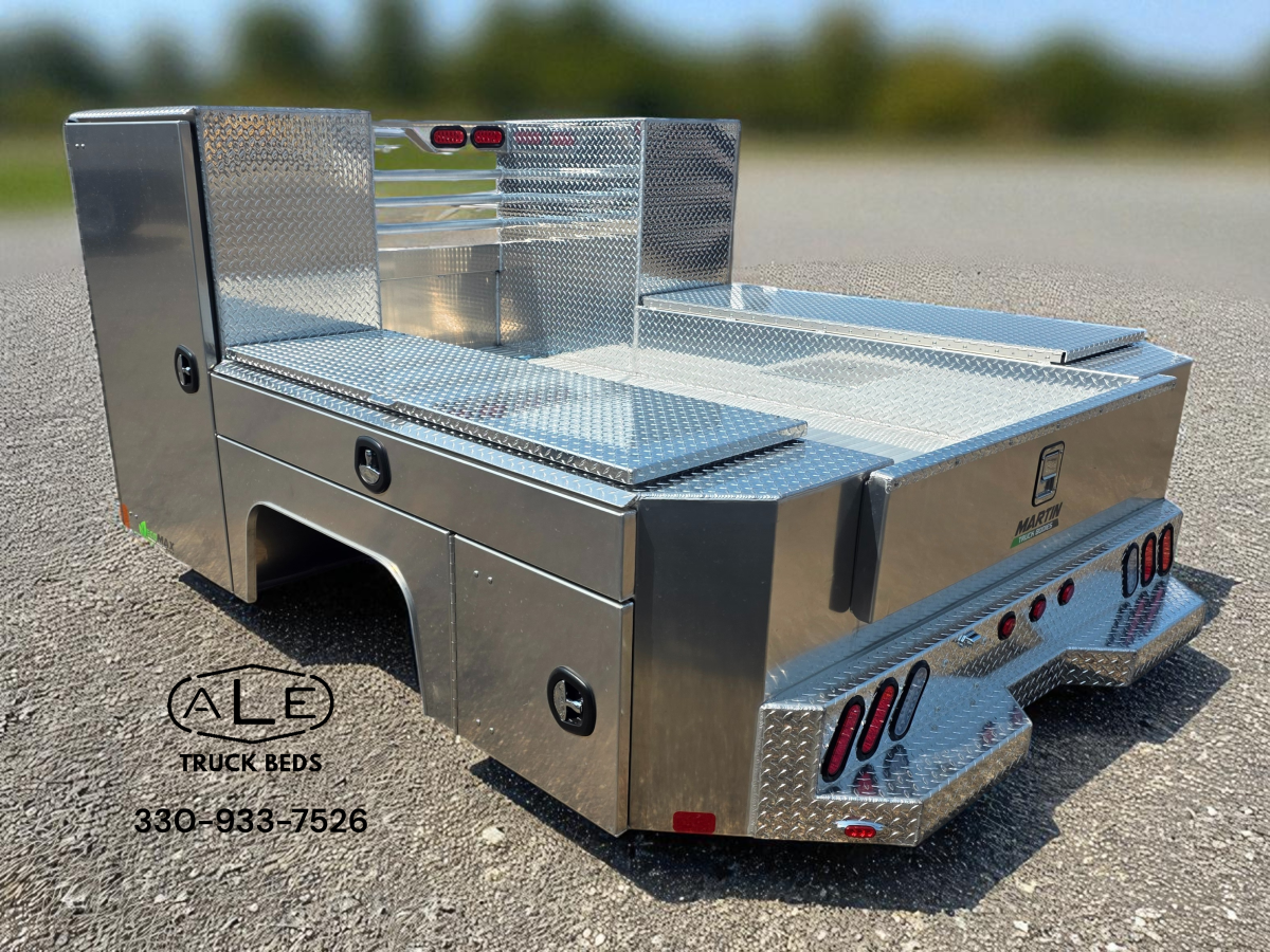 Martin Truck Bodies aluminum skirted flatbed with 57-inch front boxes, diamond plate finish, integrated storage compartments, and LED lights – installed by ALE Truck Beds, Dalton, Ohio – call 330-933-7526